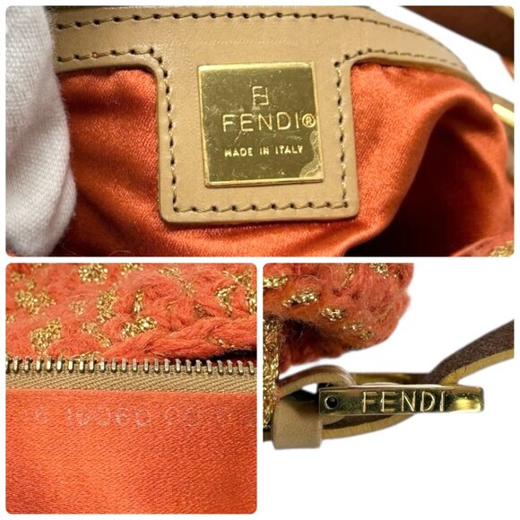 FENDI Vintage FF Mamma Baguette Wool Knit Shoulder Bag Glitter Orange [106267] - Picture 14 of 14